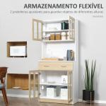 Aparador de Cozinha com 4 Portas de Vidro Bancada Aberta para Micro - Ondas 80x40x180 cm Branco e Madeira