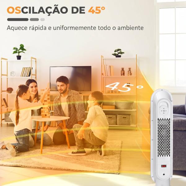 Aquecedor Elétrico Cerâmico PTC 1300/2000 W com Controlo Remoto, Oscilação 45°, Temporizador 12 h, Branco