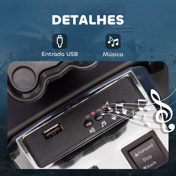 Quadricilo Elétrico para Crianças 12V com 2 Motores Velocidade até 5 km/h 3 Rodas Faróis Buzina Música 113x74x63 cm Preto e Branco