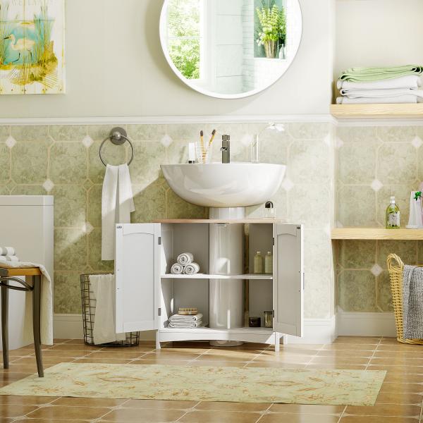 Móvel para Lavatório Pousar Armário para Casa de Banho de Madeira com 2 Portas e Prateleira Interior Ajustável 60x30x60cm Branco