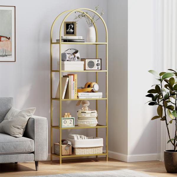 Estante de Vidro de 5 Níveis Estante de Arrumação Estrutura Arqueada Estante Estreita 60x30x175 cm Dourado