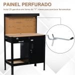 Bancada de Trabalho 98,5x48x140 cm Mesa de Trabalho com Painel Perfurado Gaveta Prateleira e Armário com Fechadura Preto
