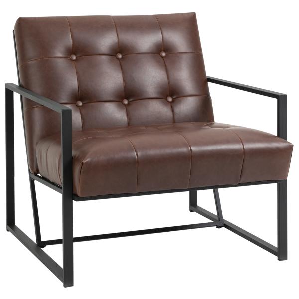 Cadeirão Chesterfield para Sala ou Escritório, Assento e Encosto Capitoné, Estrutura em Metal Preto, Pele Sintética Chocolate