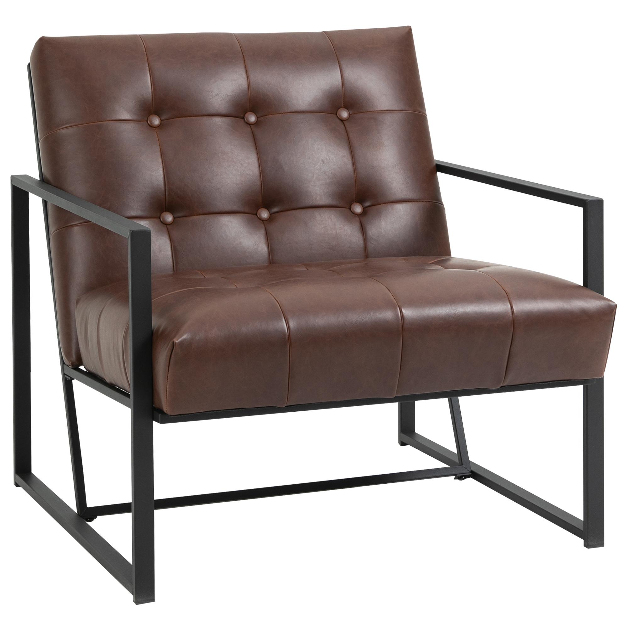 Cadeirão Chesterfield para Sala ou Escritório, Assento e Encosto Capitoné, Estrutura em Metal Preto, Pele Sintética Chocolate