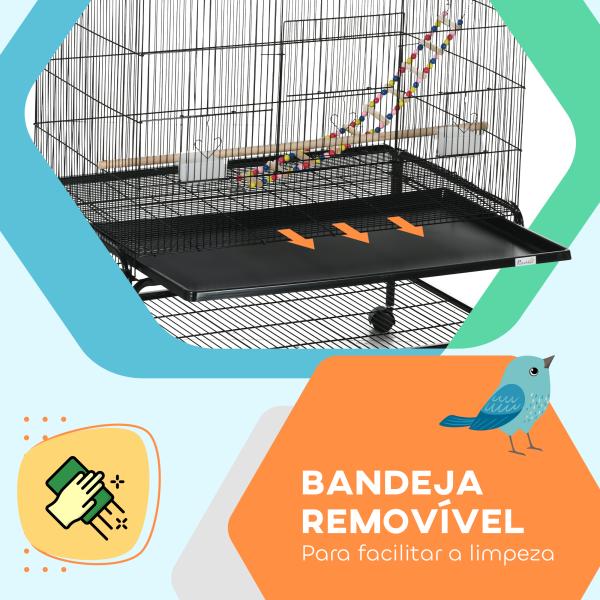 Gaiola para Pássaros com Rodas Comedouros Poleiros Prateleira Inferior Bandeja Removível 97x58x160 cm Preto