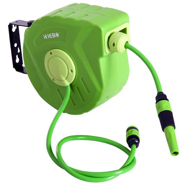 Carrete para Mangueira 10m+1m Enrolador de Mangueira Montado na Parede Enrolador Automático 180º Giratório 35,5x11,x5x27,5cm Verde