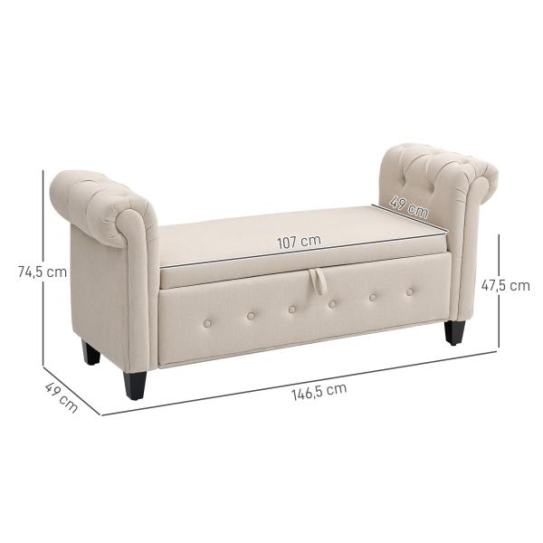 Banco de Pé de Cama de Linho com Dobradiças na Tampa Pés de Madeira e Apoio para os Braços 146,5x49x74,5 cm Bege