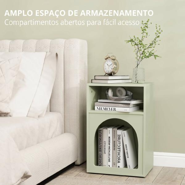 Mesa de Cabeceira Estreita com 2 Compartimentos Abertos e Design em Arco 40x30x60 cm Verde - Claro
