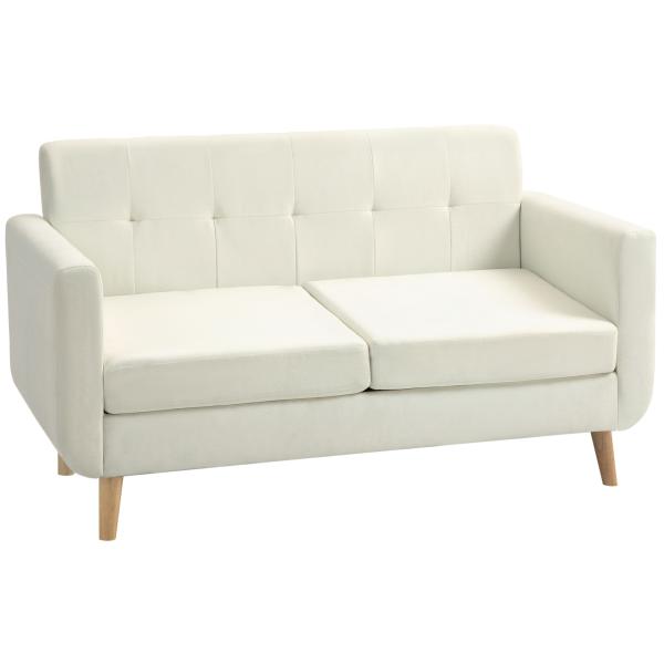 Sofá de 2 Lugares Estofado em Linho Sintético com Apoio para os Braços e Pés de Madeira Sofá Pequeno 138,5x70x75 cm Creme