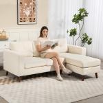 Sofá Chaise Longue Reversível de 3 Lugares Estofado em Veludo Estrutura de Aço Para Salas Pequenas Creme