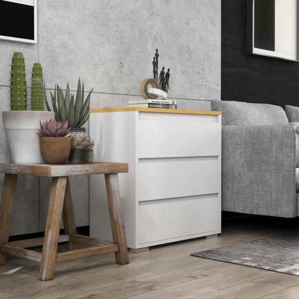 Cómoda Moderna com 3 Gavetas de Madeira para Dormitório Carga Máxima 40 kg 70x37x75 cm Branco e Madeira