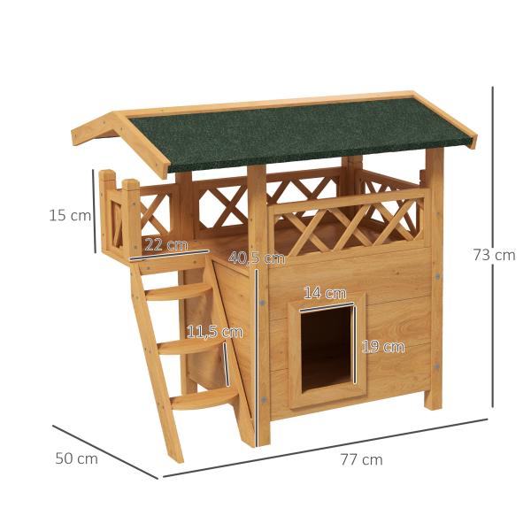 Casa para Gatos de Madeira 77x50x73cm com 2 Níveis Teto Asfáltico Terraço Cercado Caverna e Escada Madeira