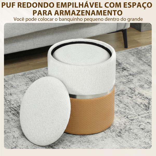 Conjunto de 2 Puffs de Armazenamento Estofados em Chenille e PU Assento Acolchoado para Entrada Quarto ou Sala Castanho e Creme