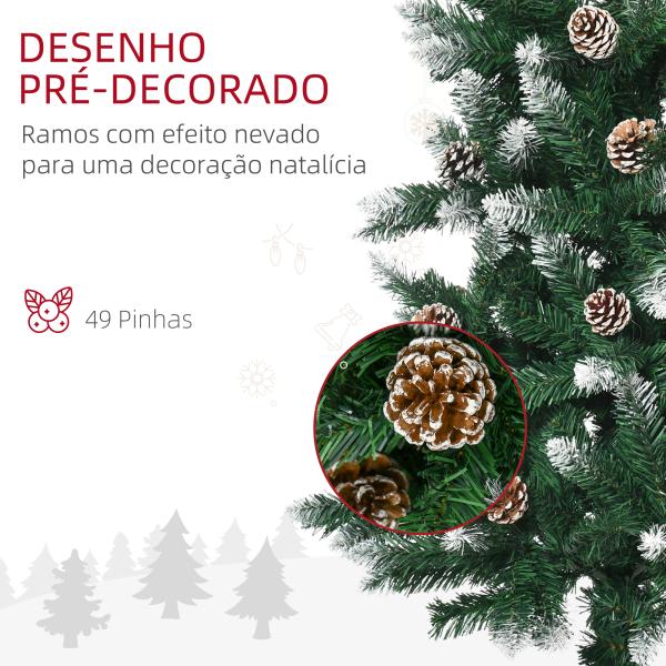 Árvore de Natal Artificial Nevada 180 cm com 508 Ramos 49 Pinhas Base Dobrável e Suporte de Aço Ø73x180 cm Verde e Branco