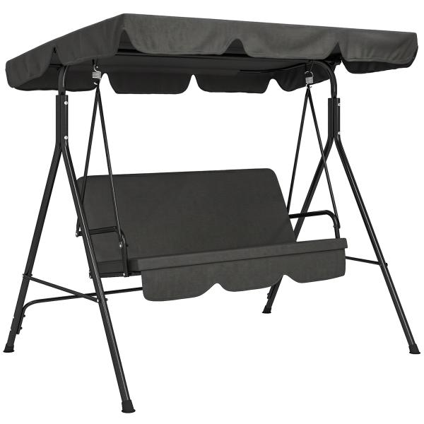 Baloiço de Jardim de 3 Lugares com Almofada Toldo Ajustável e Estrutura de Aço para Balcão Terraço 172x110x153 cm Preto