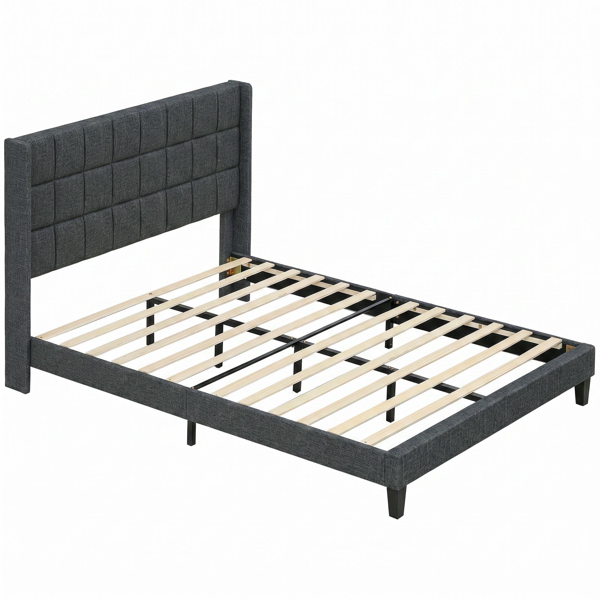 Cama de Casal 135x190 cm com Cabeceira Estofada com Laterais e Arrumação Inferior, Cinzento
