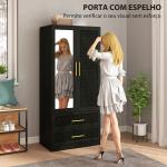 Roupeiro com Espelho 2 Portas e 2 Gavetas Relevo de Diamante Barra para Pendurar Estilo Moderno 80x50x180 cm Preto