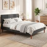 Cama Estofada 140x200 cm com Cabeceira Almofadada, Estrado de Ripas e Espaço Livre Inferior, Cinzento