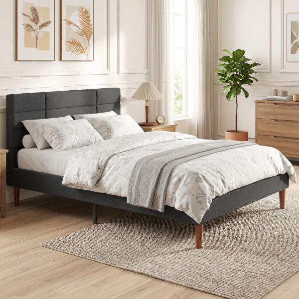 Cama Estofada 140x200 cm com Cabeceira Almofadada, Estrado de Ripas e Espaço Livre Inferior, Cinzento