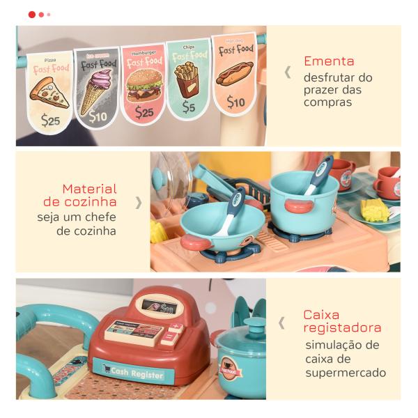 Cozinha de Brinquedo para Crianças de 3 a 6 Anos com Rodas Caixa Registradora e 50 Acessórios 79,5x33x90,5 cm Multicolor