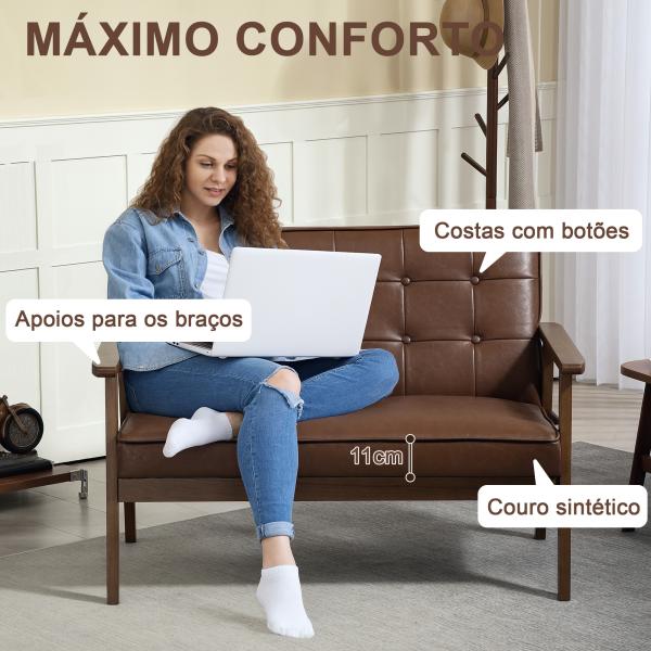 Sofá de 2 Lugares Estofado em Couro PU com Apoio para os Braços de Madeira para Sala de Estar Dormitório115x70x81 cm Marrom