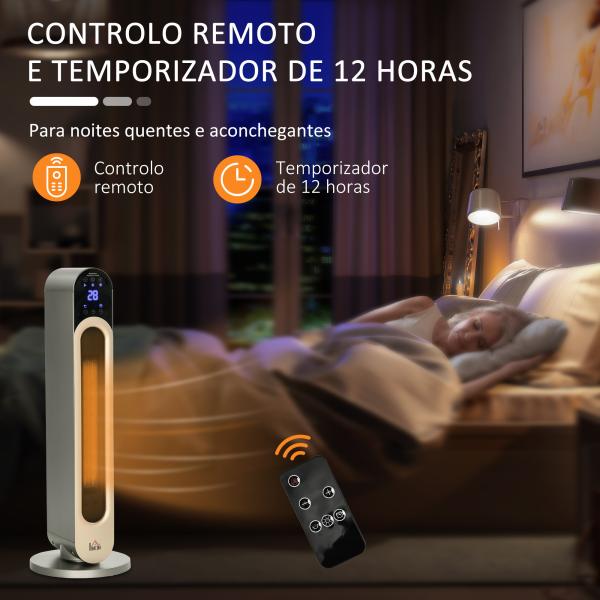 Aquecedor Cerâmico de Torre 1100/2200W com Controlo Remoto Ecrã LED Temporizador de 12h Termostato 3 Modos Ø25x73,5 cm Prata