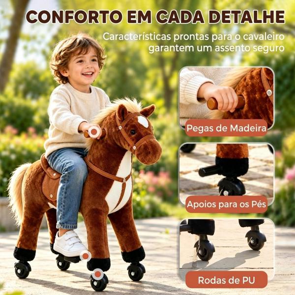 Cavalo de Brinquedo para Crianças de +3 Anos com Rodas Sons e Estrutura de Metal Carga 60kg 65x28x75 cm Castanho