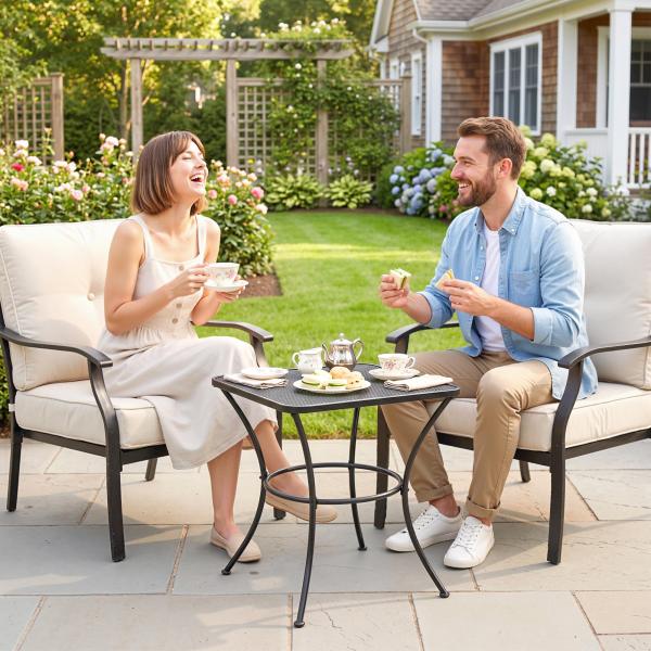 Mesa Auxiliar Quadrada Mesa de Jardim Exterior com Estrutura de Metal para Pátio Terraço Varanda 45x45x50 cm Preto