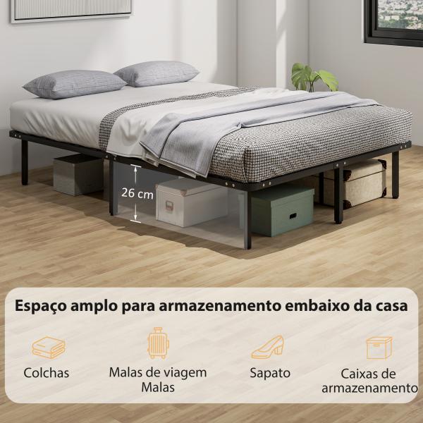 Estrutura 140x190 cm Estrado de Cama de Plataforma de Aço com Ripas de Álamo Fácil de Montar Carga 350 kg Preto