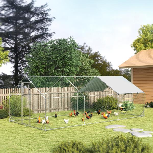Galinheiro para Exterior 3x6 m Galinheiro de Aço Galvanizado com Comedouro Suspenso Tipo Espeto Poleiro Anti - UV Prata