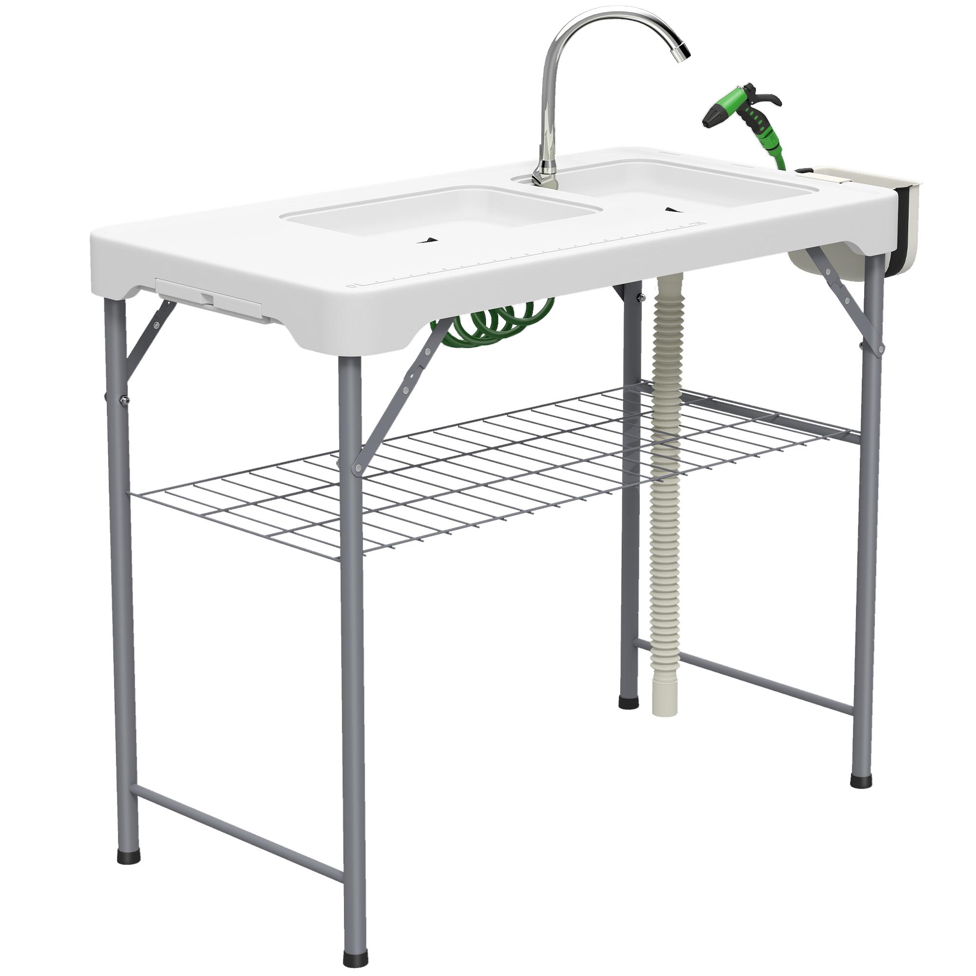 Mesa para Campismo Dobrável Mesa com 2 Lavatórios Mangueira de Drenagem Estação de Limpeza 108x58x92 cm Branco