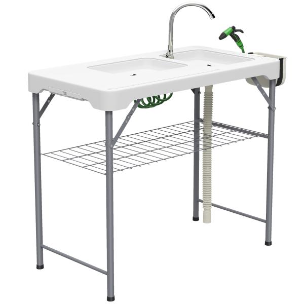 Mesa para Campismo Dobrável Mesa com 2 Lavatórios Mangueira de Drenagem Estação de Limpeza 108x58x92 cm Branco