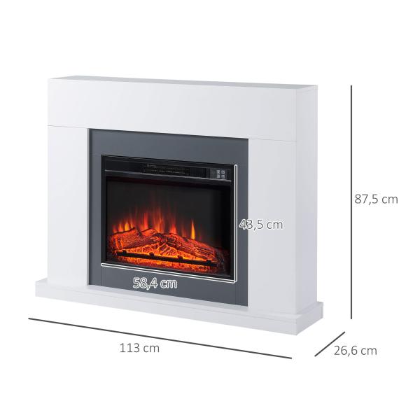 Lareira Elétrica 1800 - 2000W com Controle Remoto Chama Ajustável Termostato Temporizador Semanal e Proteção contra Superaquecimento 113x26,6x87,5cm Branco