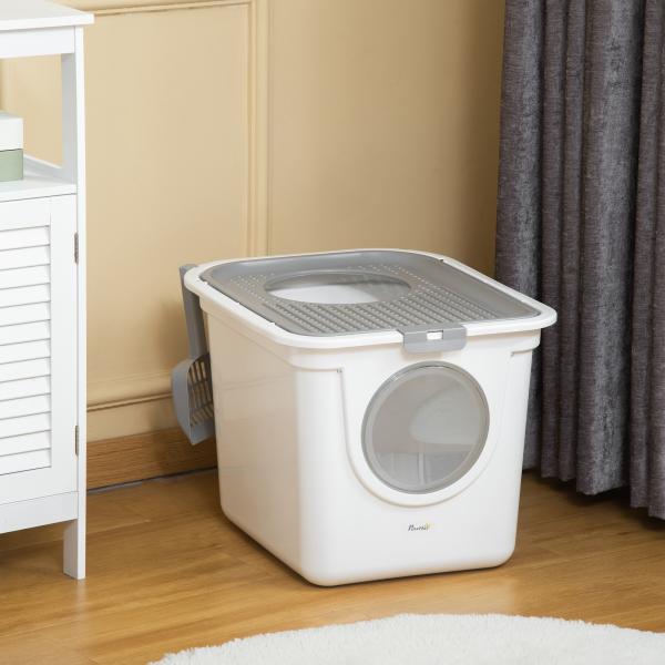 Caixa de Areia para Gatos com Pá Sanita para Animais de Estimação com 2 Portas 44x55x39 cm Branco e Cinza