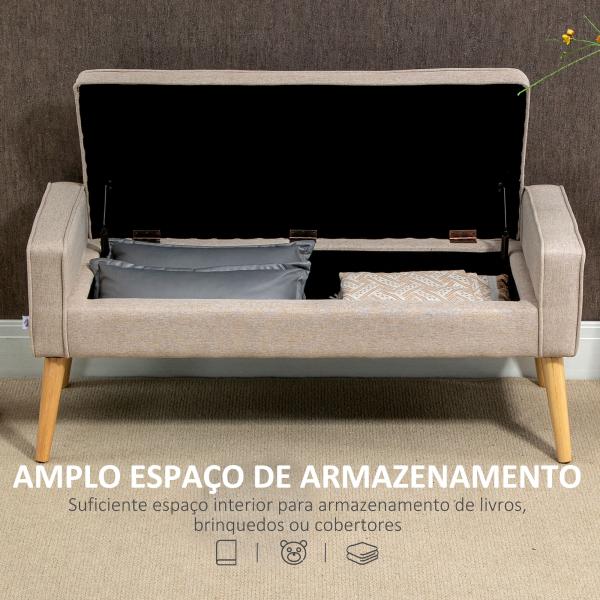 Banco de Armazenamento Estofado em Linho com Tampa Abatível e Pés de Madeira 120x45x54cm Bege