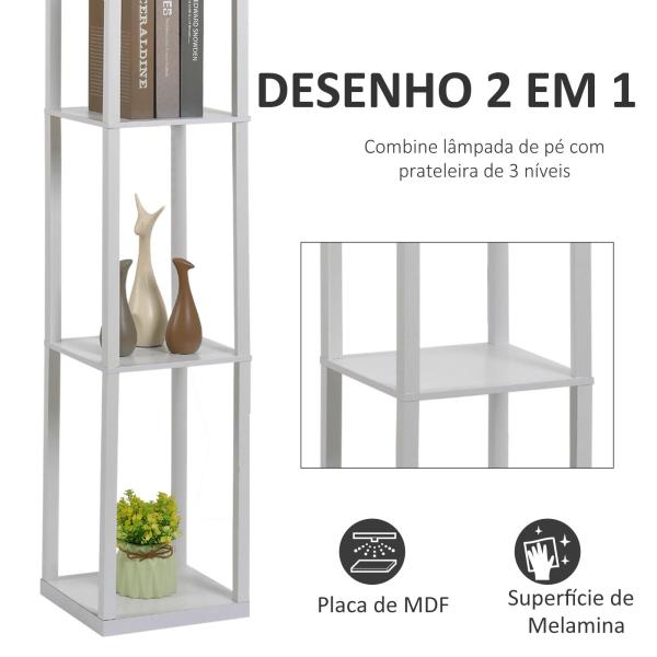 Candeeiro de Pé de Madeira com 3 Prateleiras De Armazenamento para Lâmpada E27 Potência Máx. 40W Candeeiro Moderno para Sala de Estar Dormitório 26x26x160cm Branco