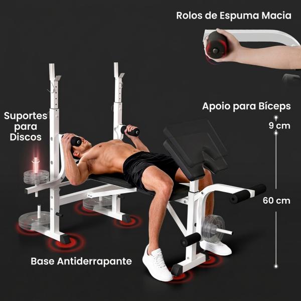 Banco de Musculação Multifuncional Inclinável com Suporte para Barra Ajustável Extensão de Pernas Curl de Predicador 180x134x113 - 136 cm Preto