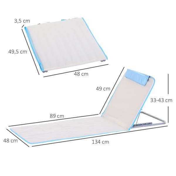 Conjunto de 2 Esteiras de Praia com Encosto Reclinável em 5 Níveis Bolsa de Transporte e Apoio de Cabeça 48x134x33 - 43 cm Branco Creme