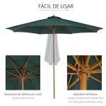 Chapéu de Sol Ø300x250cm Chapéu de Sol com Mastro de Madeira com 8 Hastes Sistema de Polia com Fixação Verde