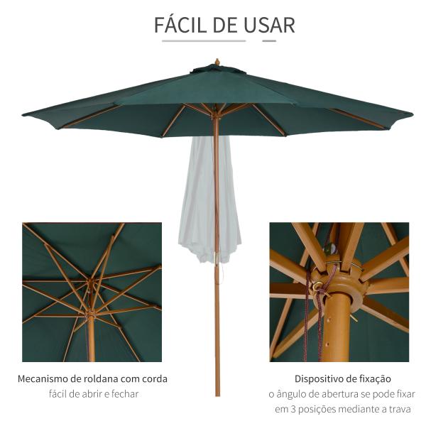 Chapéu de Sol Ø300x250cm Chapéu de Sol com Mastro de Madeira com 8 Hastes Sistema de Polia com Fixação Verde