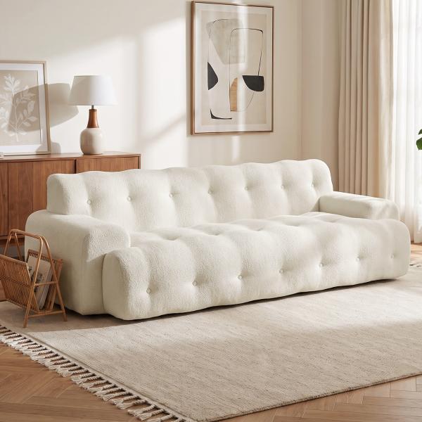 Sofá de 3 Lugares em Chenille sem Estrutura com Assento Profundo e Acabamento Capitoné, Creme