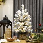 Mini Árvore de Natal Artificial com 35 Luzes LED 60 cm com 72 Ramos com Neve Pinhas Bagas e Base de Saco de Juta Ø37x60 cm Verde
