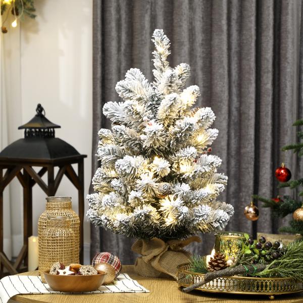 Mini Árvore de Natal Artificial com 35 Luzes LED 60 cm com 72 Ramos com Neve Pinhas Bagas e Base de Saco de Juta Ø37x60 cm Verde