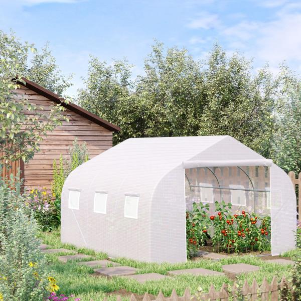 Estufa Tipo Túnel 445x299x200cm com Porta Enrolável 6 Janelas Estufa para Cultivo de Plantas Verduras Branco
