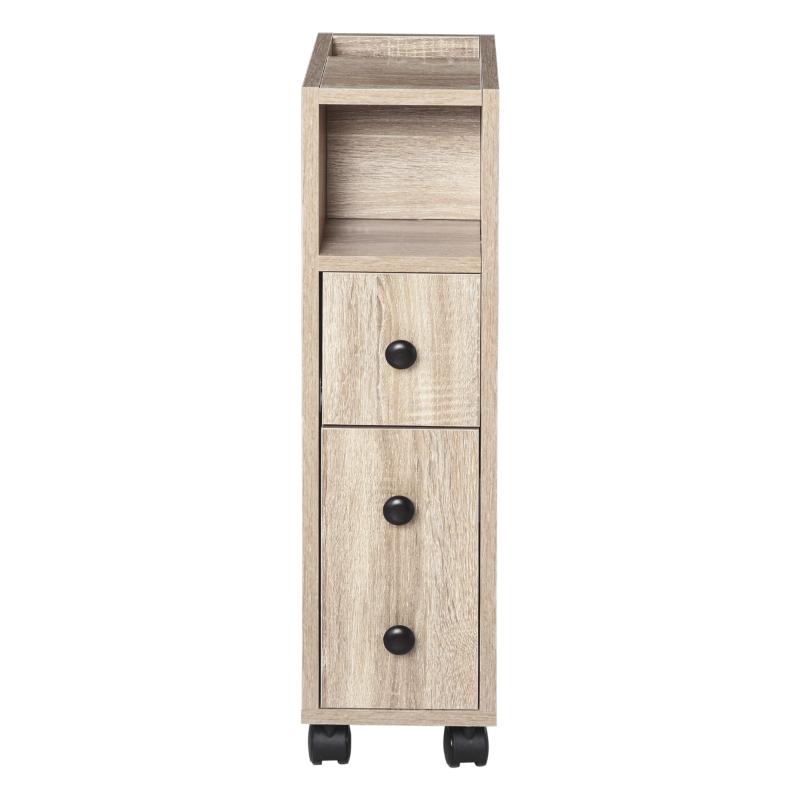 Armário de Casa de Banho para Espaço Reduzido com Rodas Prateleiras Abertas Armário e Gaveta 18x30x68,5 cm Madeira
