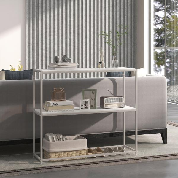 Mesa Consola de Entrada Mesa de Entrada com Estante Aberto e Estrutura de Aço Anti - tombo para Sala 100x30x87 cm Branco