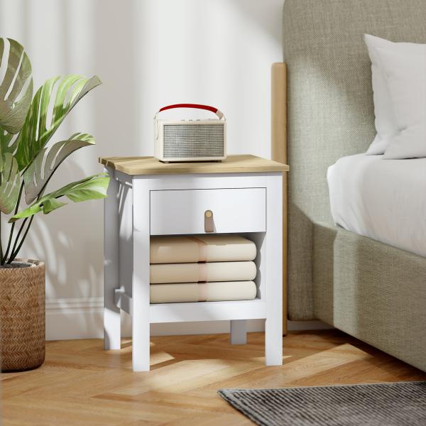Mesa de Cabeceira Moderna Mesa de Cabeceira com 1 Gaveta Compartimento Aberto Puxador de PU 45x40x55 cm Branco