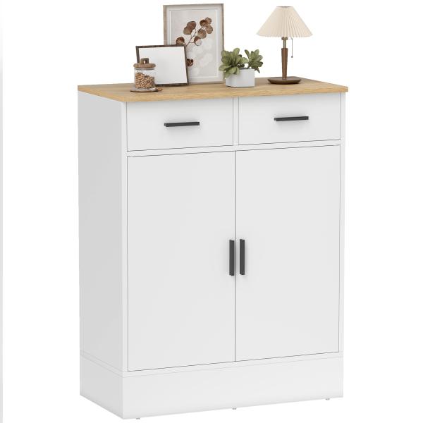 Aparador de Sala de Estar com 2 Gavetas e Prateleiras Ajustáveis 68,6x35x90,3 cm Branco e Madeira