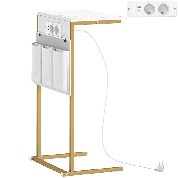 Mesa Auxiliar com Estação de Carga Mesa Lateral com 2 Entradas USB 1 Entrada USB - C e Bolsa Organizadora 25,5x40x71 cm Branco
