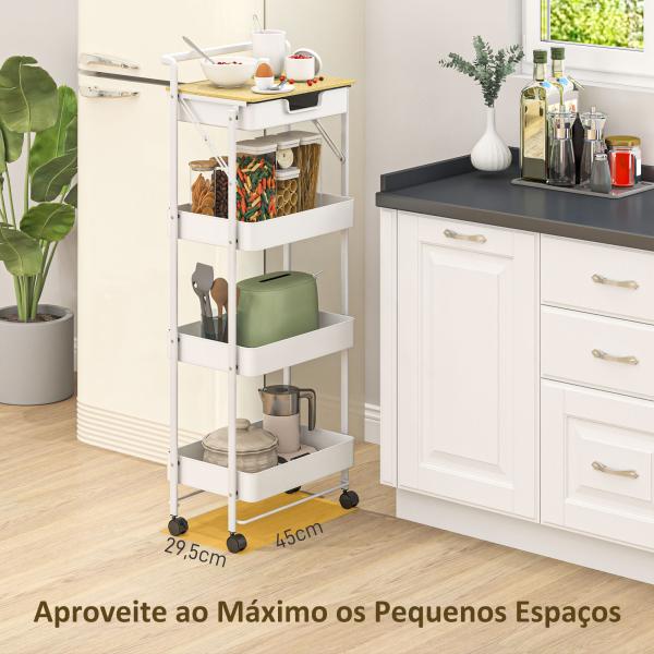 Carrinho Auxiliar com Rodas de 4 Níveis Carrinho de Cozinha com 1 Gaveta e 3 Cestos Carrinho Organizador 45x29,5x117,5 cm Branco